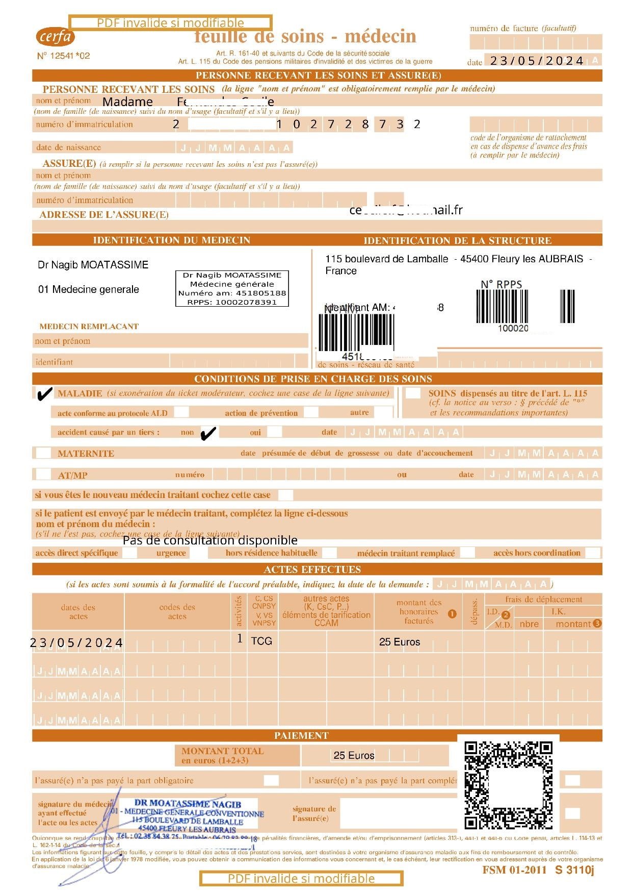 Feuille de soins avec QR Code