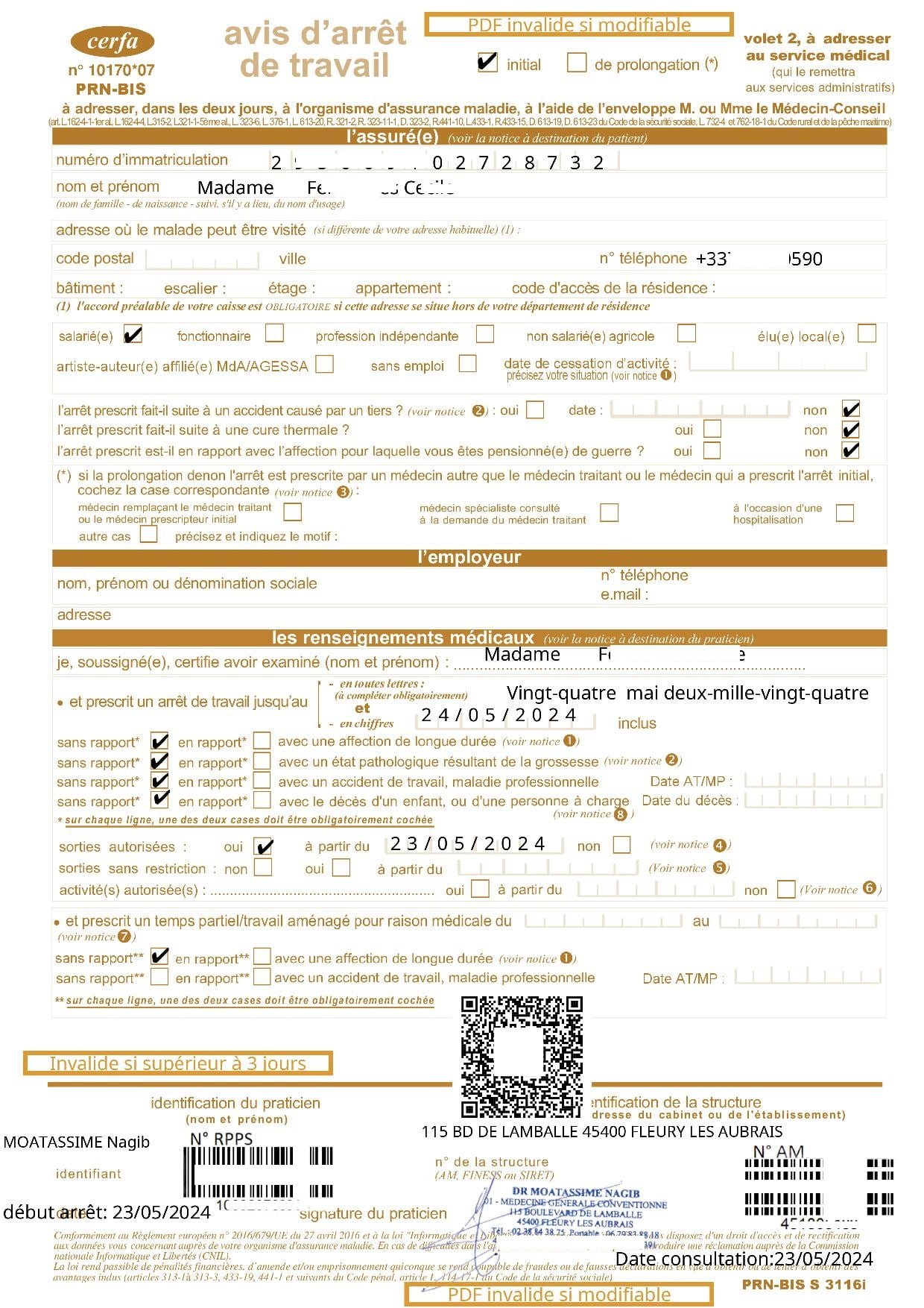 Maquette d'arrêt maladie avec QR code - Mondoc