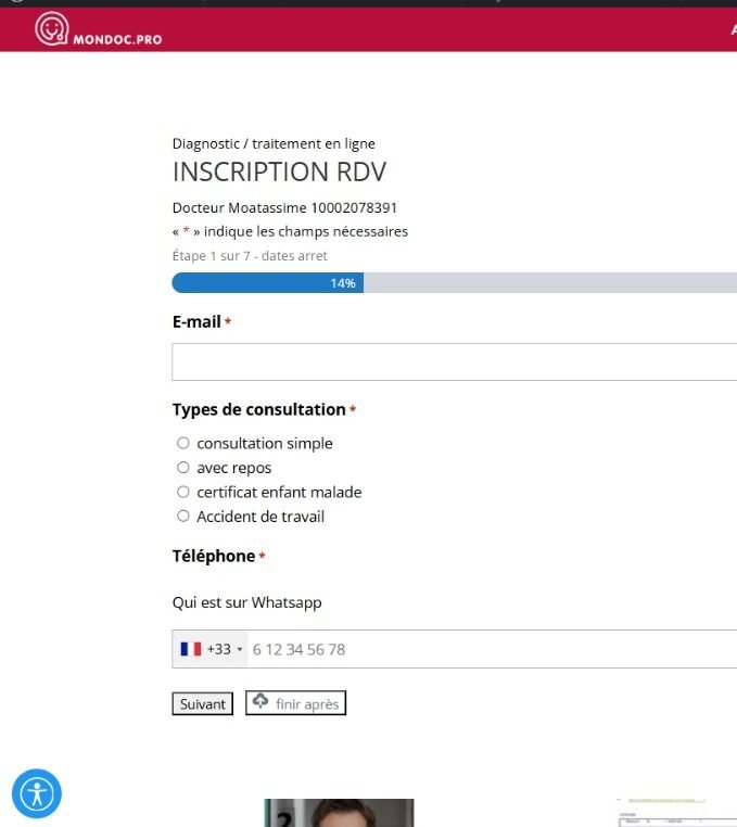 Formulaire à remplir par le patient sur Mondoc.pro