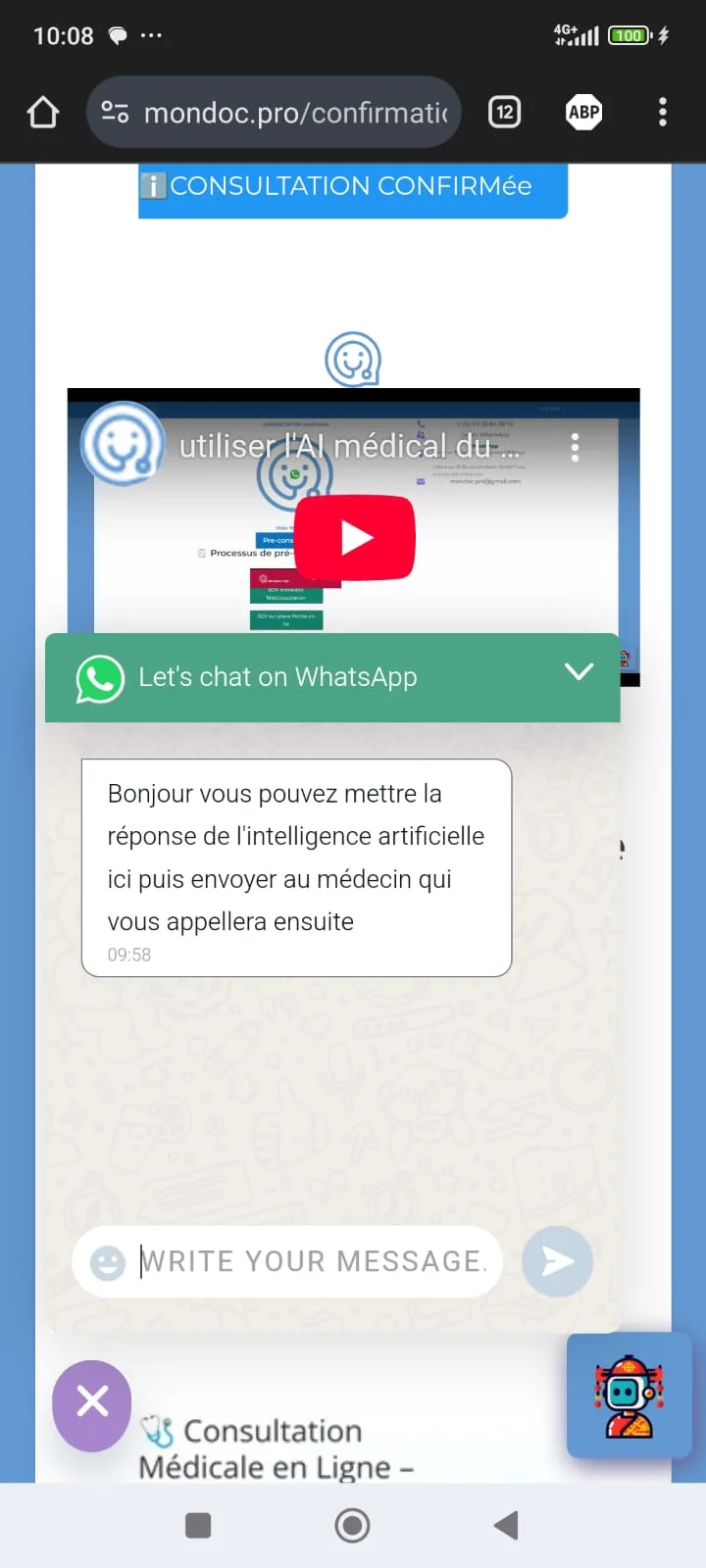 Envoi réponse IA par WhatsApp Mondoc